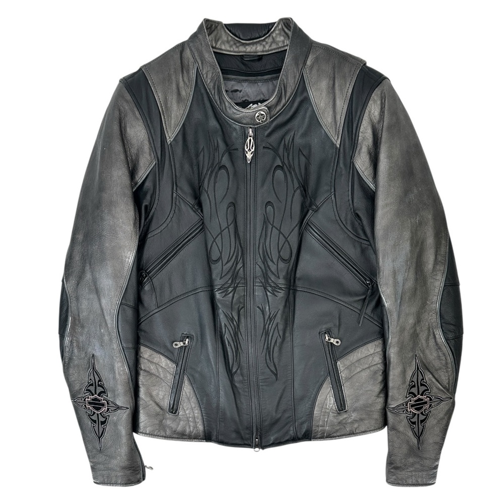 HARLEY DAVIDSON Rare Vintage Black Silver Padded Leather Biker Moto Jacket